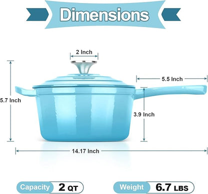 HaSteeL 2 QT Cast Iron Saucepan, Mini Enamel dutch oven with lid, Small Non Stick Pan for Milk, Pasta Tomato Sauce, Butter, Breakfast, Soup, Suitable for Boiling Stewing Frying, Easy to Clean, Blue