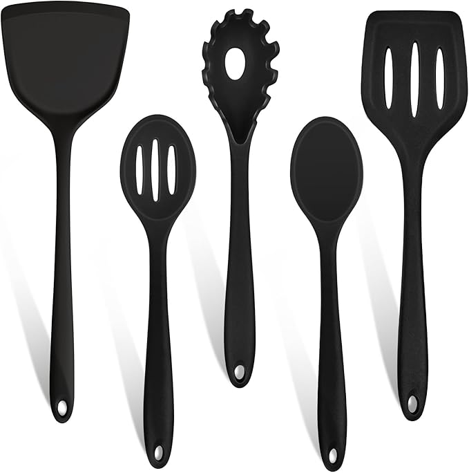 TeamFar Silicone Cooking Utensils Set, 5-Piece Heat Resistant Kitchen Utensils Set, Nonstick Slotted Solid Spoon Turner Pasta Server for Frying, Serving, Mixing, Non-Toxic & Dishwasher Safe, Black by TeamFar