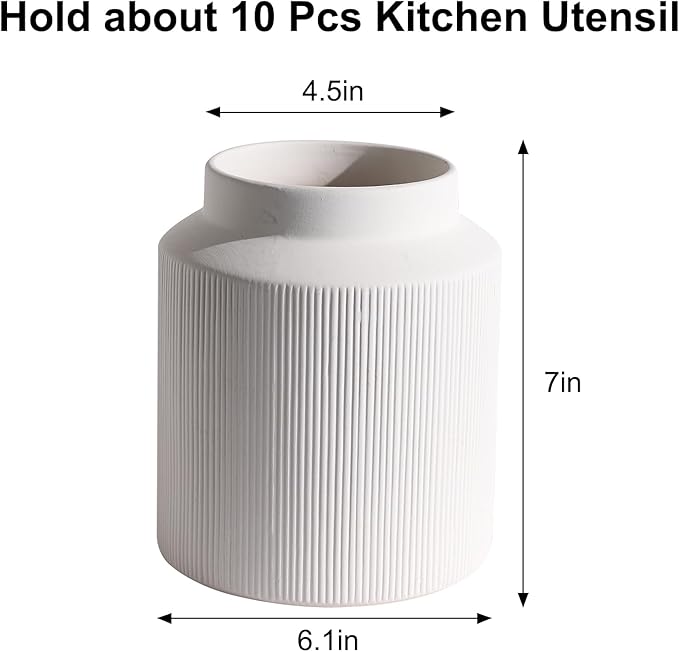 Farmhouse Ceramic Farmhouse Kitchen Utensil Holder for Countertop, Rustic Cooking Utensil Holder Crock Fit for Kitchen Counter. White 6.1 x 6.1 x 7 IN - Image 2