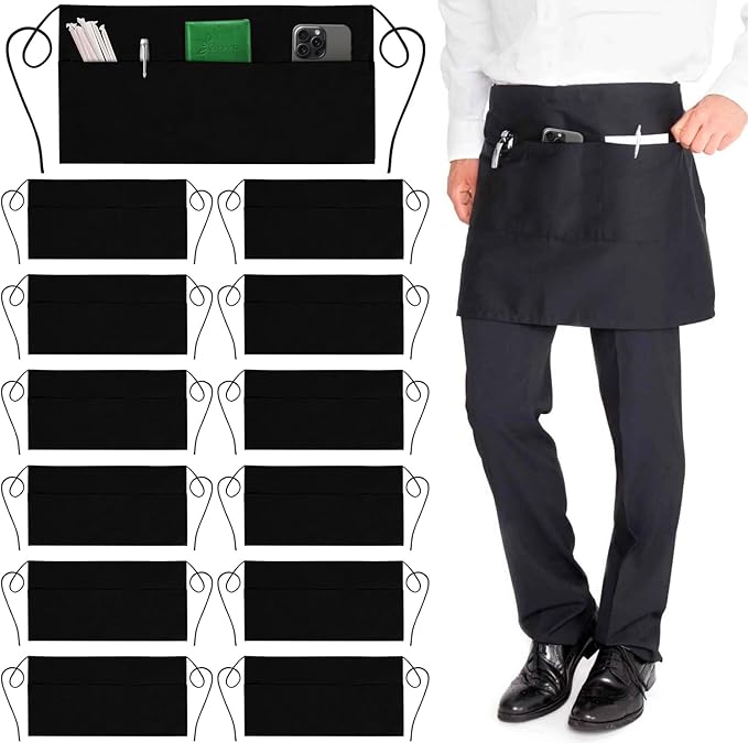 GREEN LIFESTYLE Server Aprons with 3 Pockets - Waist Apron, Waitress Apron for Women and Man, Water Resistant with Long Waist Strap Reinforced Seams, Half Apron (12 Pack - Black) - Image 8