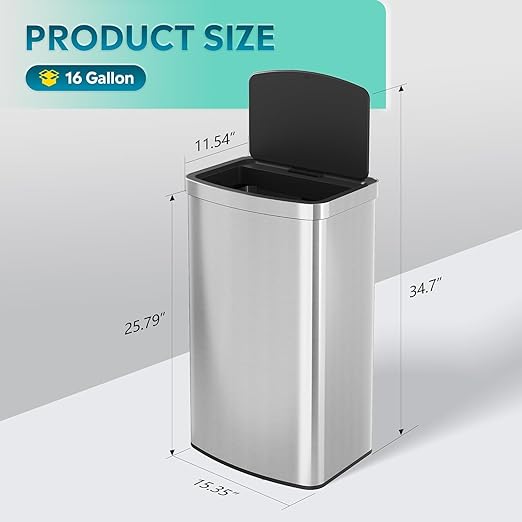 WLIVE 16 Gallon Touchless Motion Sensor Trash Can, 60L Stainless Steel Automatic Kitchen Waste Bin with Soft Close Lid for Home Office, Silver