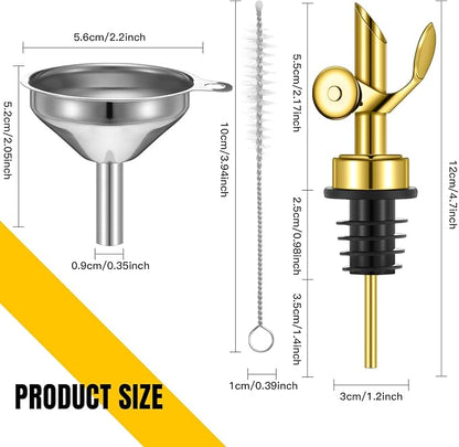 Tioncy 4 Pieces Weighted Stainless Steel Pourers Olive Oil Spout Olive Oil Dispenser Spout Automatic Opening and Closing with Funnel and Brush for Pouring Wine Syrup Kitchen(Gold)