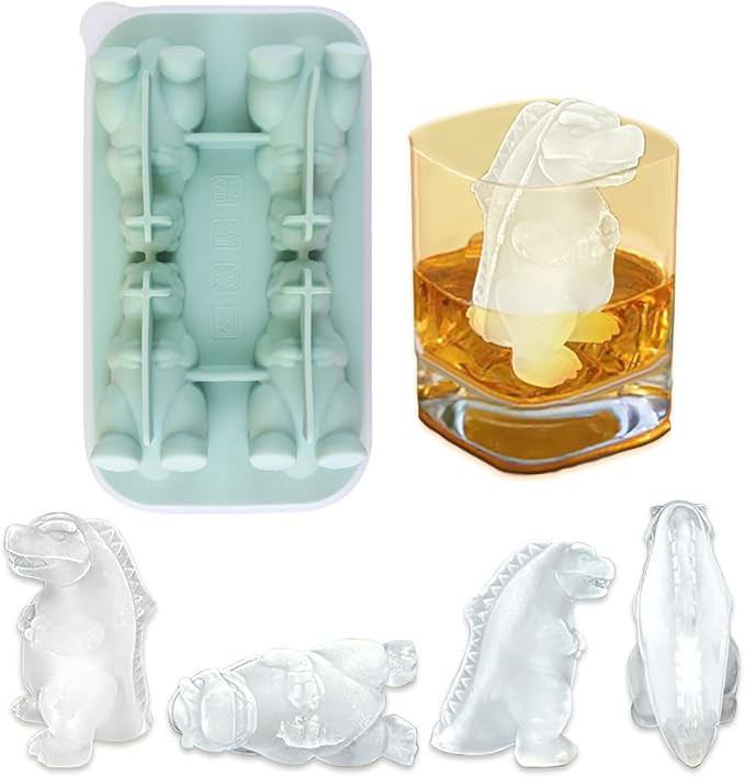 Dinosaur Ice Cube Tray, 3D Dino Ice Cube Mold, Silicone Ice Tray Large Fun Shapes, Make 4 Cute Monster Ice Balls for Whiskey Cocktails, Dinosaur Gifts for Kids Men Women, Green