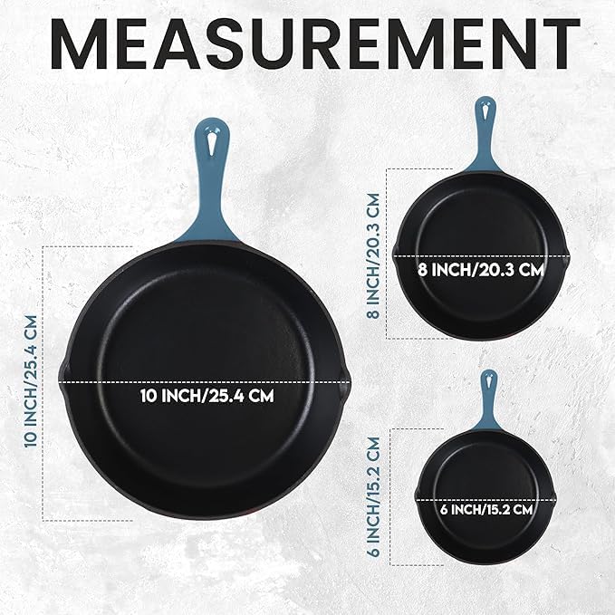 Utopia Kitchen Saute Fry Pan - Pre-Seasoned Cast Iron Skillet Set 3-Piece - Frying Pan - 6 Inch, 8 Inch and 10 Inch Cast Iron Set - Cooking Gift for Men & Women (Teal) - Image 2