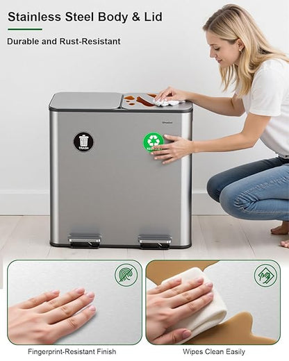 Lovewind 2×11.5 Gallon Dual Trash Can, Stainless Steel Dual Garbage and Recycling Can with Foot Pedal, 90° Stay-Open Lid, Pet-Proof Design – Large Dual Compartment Trash Recycling Bins Kitchen, Silver