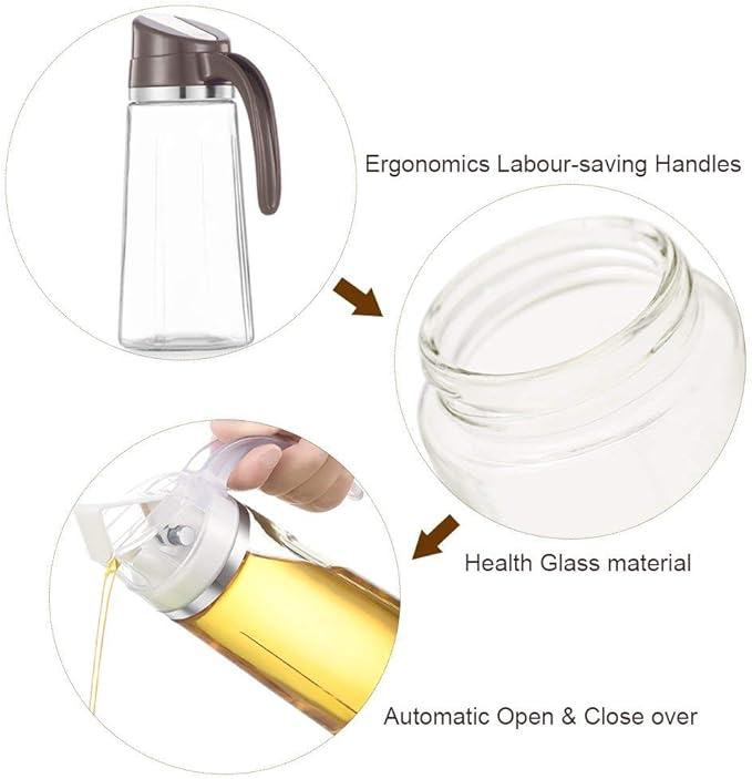 Marbrasse Oil Dispenser for Kitchen,20 OZ /600ml Leakproof Glass Oil Bottle with Auto Flip Cap,Olive Oil Container for Kitchen Cooking(1 Pcs White + 1 Pcs Brown) - Image 4