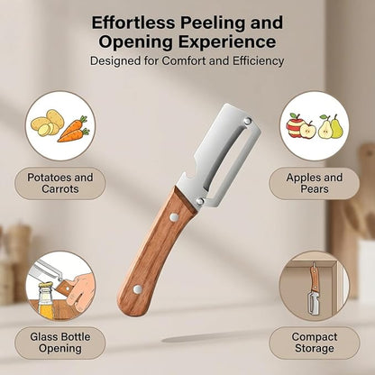 2 Pack Multifunctional Vegetable Peeler, Stainless Steel Blade with Ergonomic Wooden Handle, Non-Slip Fruit & Potato Peeler for Kitchen Use