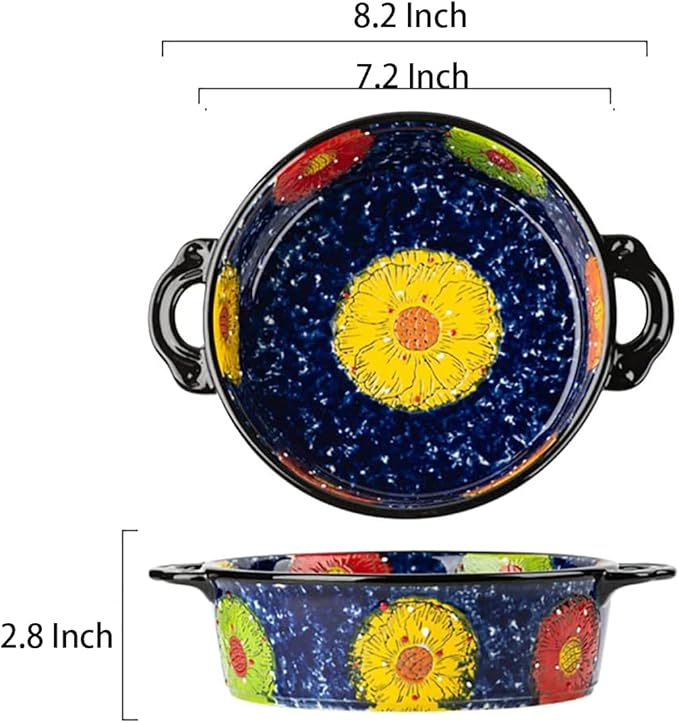 Vintage Style Pottery Bakeware Colorful Daisy Pattern Ceramic Casserole Dish Baking Pan Lasagna Pans Baking Dish with Handles from Oven to Table Plate-1 PCS, 32 OZ - Image 2