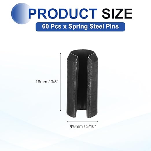 MECCANIXITY 60Pcs Slotted Split Roll Pins 3/10 Inch(8mm) Dia. 3/5 Inch(16mm) Length 65Mn Steel Spring Tension Expansion Dowels for Secure Fastening, Black