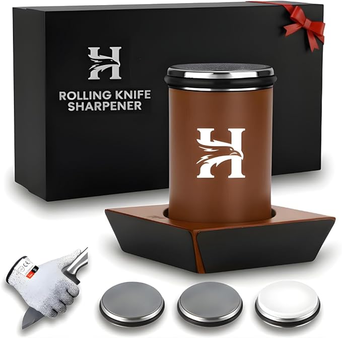 4 Angles High Carbon Stainless Steel Rolling Knife Sharpener with 400, 1000 & 3000 Replacement Discs - Blunt Knife Sharpening Kit with 15°, 18°, 20°, and 22° Sharpening for Kitchen & Chef's Knives by HIBWA