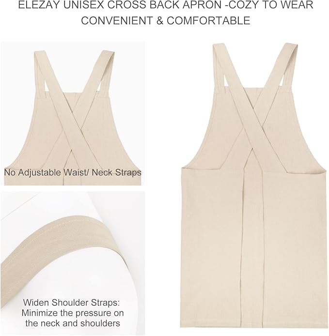 ELEZAY Aprons for Women with Pockets Plus Size Comfort Cross Back No Tie Cotton Linen Apron Pinafore
