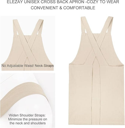 ELEZAY Aprons for Women with Pockets Plus Size Comfort Cross Back No Tie Cotton Linen Apron Pinafore