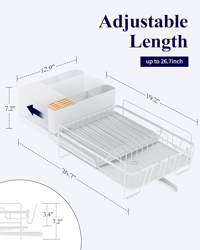 Kitsure Large Dish Drying Rack - Extendable Dish Rack, Multifunctional Dish Rack for Kitchen Counter, Anti-Rust Dish Drainers with Cutlery & Cup Holders 19.2"-26.7" L x 12.9" W, White - Image 2