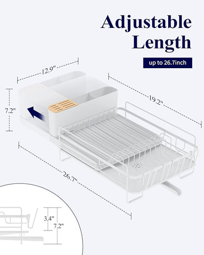 Kitsure Large Dish Drying Rack - Extendable Dish Rack, Multifunctional Dish Rack for Kitchen Counter, Anti-Rust Dish Drainers with Cutlery & Cup Holders 19.2"-26.7" L x 12.9" W, White - Image 2