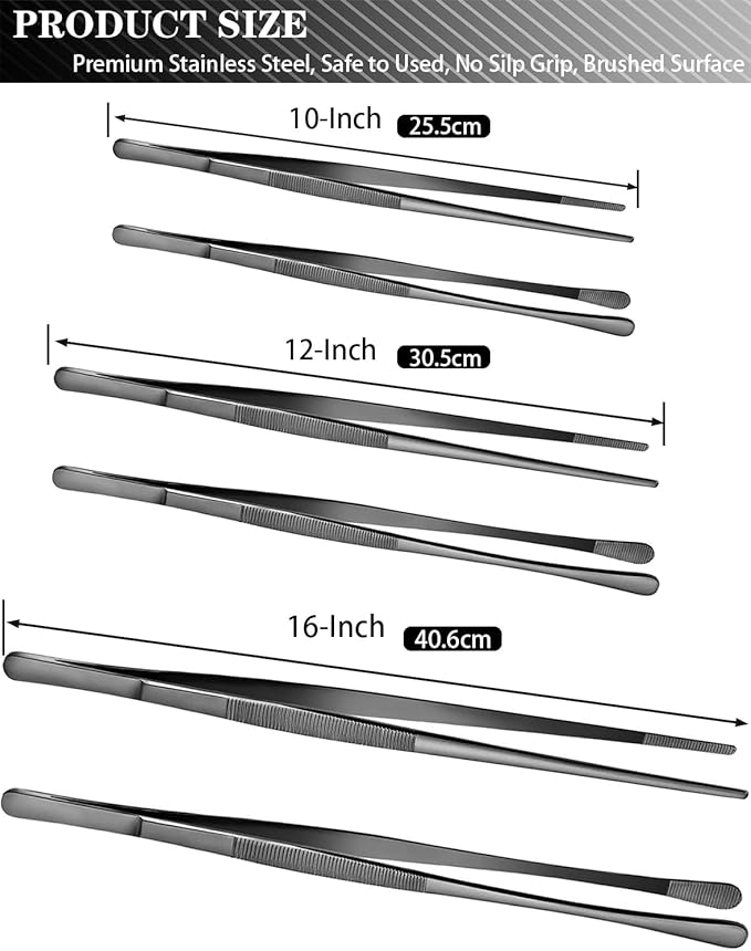 JETKONG 2 Pcs 16-Inch Kitchen Tweezers Tongs with Precision Serrated Tips, Stainless Steel Chef Tweezer Professional Cooking Tweezers for BBQ, Plating and Serving (16-Inch, Black) - Image 3
