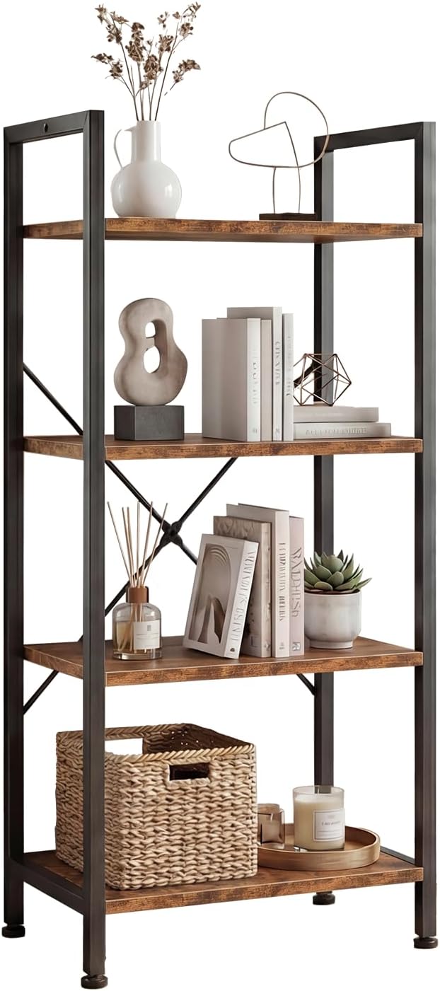 DUMOS 4 Tiers Bookshelf, Classical Book Shelf, Tall Display Shelves in Living Room/Home/Office, Storage Organizer for CDs/Books/Movies, Brown by DumosLifestyle