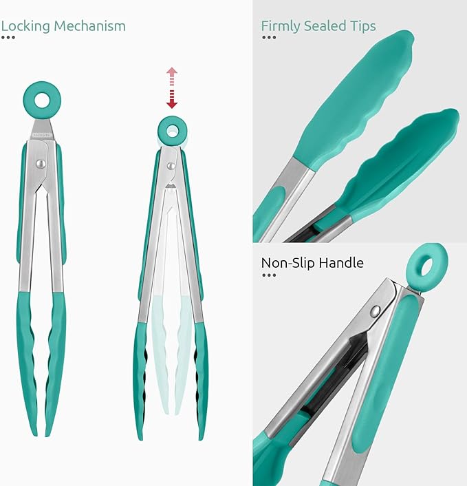 600ºF Heat Resistant Kitchen Tong: U-Taste 7in Silicone Cooking Tong with Firm Sealed Non Stick Rubber Tips & Silicon Coated 18/8 Stainless Steel Handle & Smooth Locking for Serving Salad (Aqua Sky) - Image 6