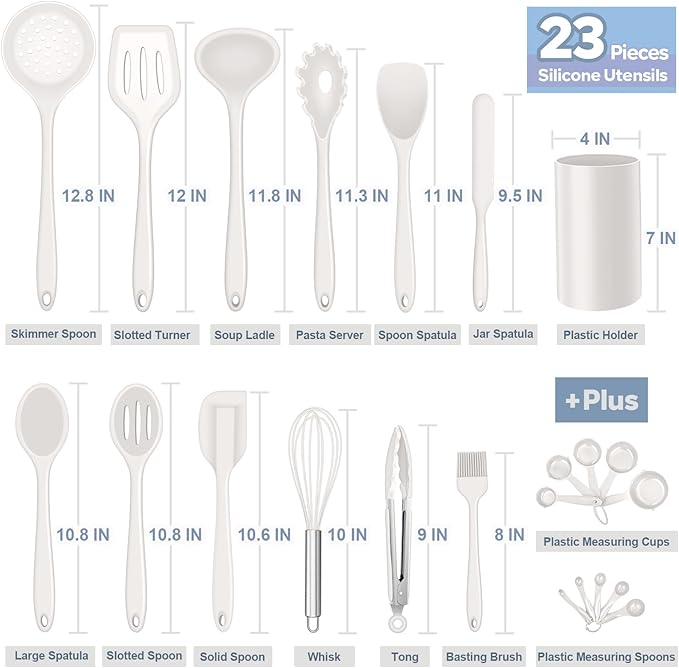 Silicone Kitchen Utensils Set, E-far 23 Pcs White Cooking Utensils Tools with Holder for Nonstick Cookware, Include Spatula/Spoon/Ladle/Tongs/Turner, Heat Resistant & Nontoxic, Dishwasher Safe - Image 3