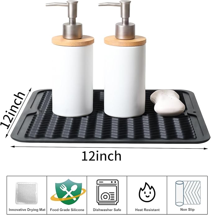 ZLR 2 Pcs Silicone Dish Drying Mat 12" x 12" Square - Small Heat Resistant Trivet & Countertop Protector for Air Fryer, Coffee Maker - Waterproof Kitchen Drain Pad for Cups, Fruit (Black) - Image 2