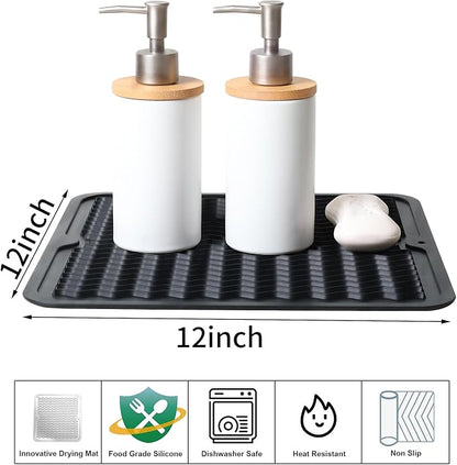 ZLR 2 Pcs Silicone Dish Drying Mat 12" x 12" Square - Small Heat Resistant Trivet & Countertop Protector for Air Fryer, Coffee Maker - Waterproof Kitchen Drain Pad for Cups, Fruit (Black) - Image 2