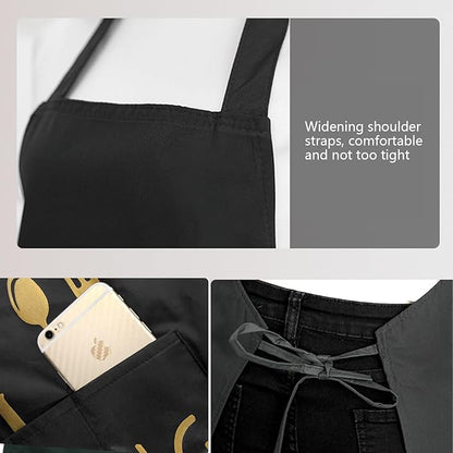 Women Kitchen Apron with Hand Wipe Pockets，Big Pocket,Hand-wiping, Waterproof for Cooking Baking-Black