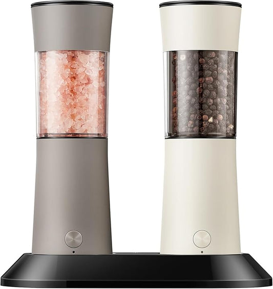 Electric Salt and Pepper Grinder Set, Stainless Steel Automatic Pepper Mill, Rechargeable with USB-C Charging Base, Gravity Activated One-Handed Operation, Dual LED Light, 2 Pack