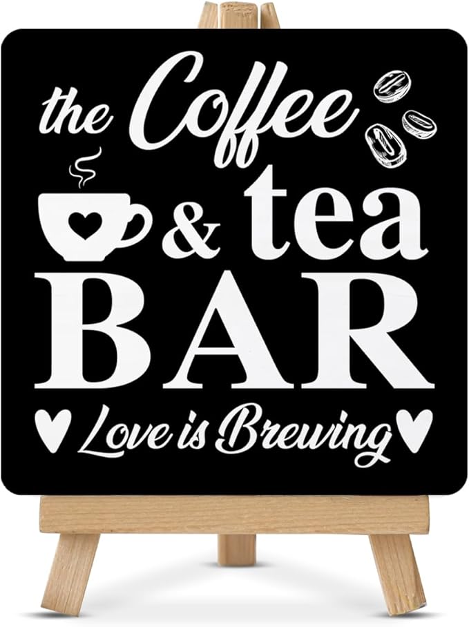Coffee Bar Decor, Coffee Tea Bar Wood Sign with Easel Home Kitchen Desk Shelf Table Tabletop Decor by Unknown