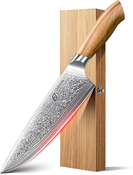 Damascus Chef Knife in Japanese Steel, 67-Layers Damascus Kitchen Knife with Wooden Gift Box and Original Olive Wood Handle, Cooking Knives for Home Kitchen Gift Idea by EMOJOY