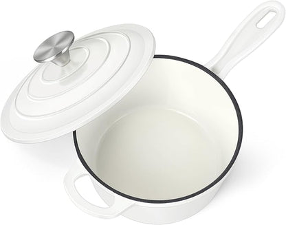 HaSteeL 3 QT Cast Iron Saucepan, Enamel dutch oven with lid, Small Non Stick Pan for Milk, Pasta Tomato Sauce, Butter, Breakfast, Soup, Suitable for Boiling Stewing Frying, Easy to Clean, White