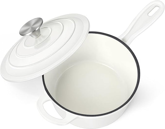 HaSteeL 3 QT Cast Iron Saucepan, Enamel dutch oven with lid, Small Non Stick Pan for Milk, Pasta Tomato Sauce, Butter, Breakfast, Soup, Suitable for Boiling Stewing Frying, Easy to Clean, White