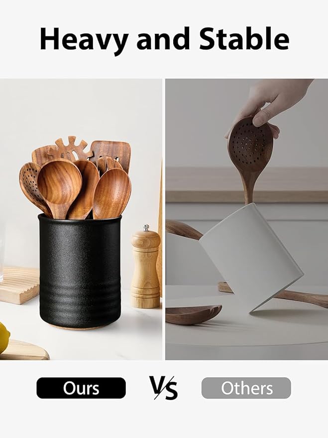 ABRUTY Utensil Holder, 6.7" Ceramic Kitchen Utensil Crock for Countertop Cooking, Modern Utensil Caddy Jar Organizer for Farmhouse Kitchen Counter Décor, Matte Black - Image 6