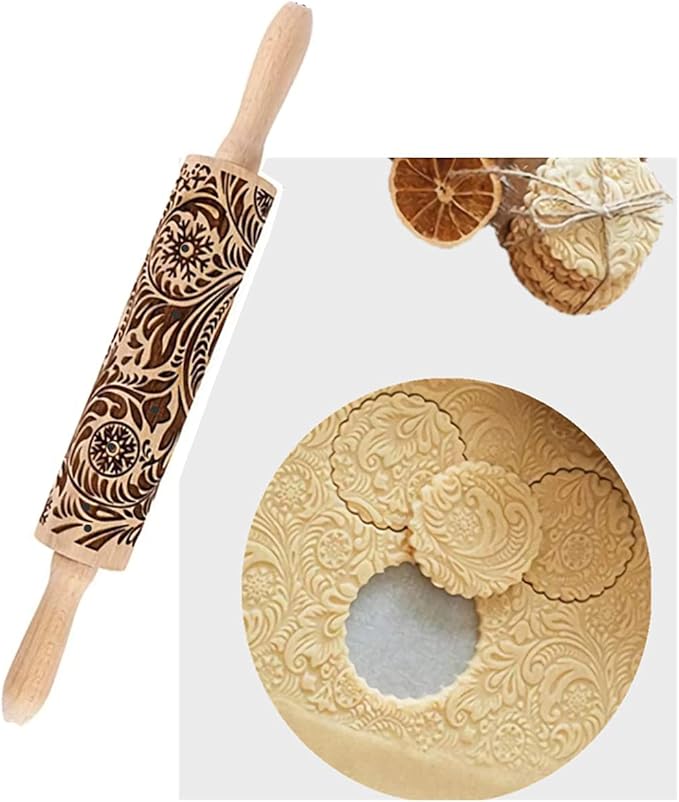 MIZORLIE 14.9"Paisley Engraved Embossed Rolling Pin, Christmas Snowflake Flower Pattern, Wooden Laser Engraved 3D Rolling Pin for Making Cookie Dough Crusts Pies Pastry - Image 2