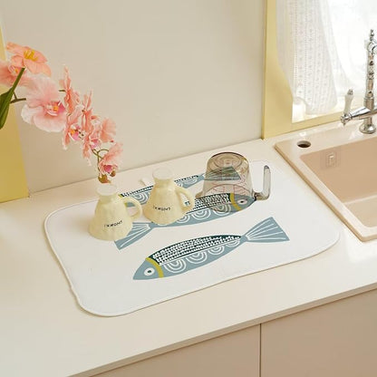 Coastal Dish Drying Mat 18 x 24 inch Beach Blue Fish Print Decorative Drying Mats Microfiber Absorbent Ocean Dish Washable Draining Mat for Kitchen Counter Decor