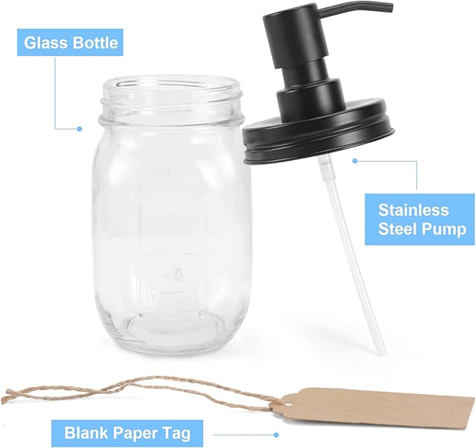 Premium Quality Mason Jar Soap Dispenser - Black 16 Ounce - Made from Rust Proof Stainless Steel – Dish and Hand Soap Dispenser – Ideal for Kitchen Dish Soap, Bathroom Soap