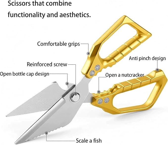 Meat Scissors Heavy Duty Sharp Shears Kitchen Scissors all Purpose, Stainless Steel Kitchen Shears, Kitchens Accessories Cooking Shear for Meat Chicken Fish Poultry Herb Bread(Gold)