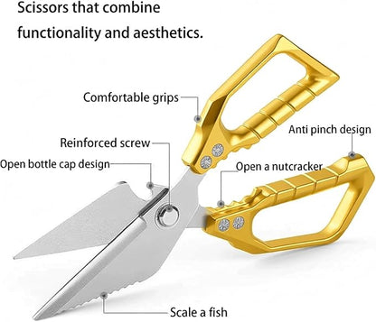 Meat Scissors Heavy Duty Sharp Shears Kitchen Scissors all Purpose, Stainless Steel Kitchen Shears, Kitchens Accessories Cooking Shear for Meat Chicken Fish Poultry Herb Bread(Gold)