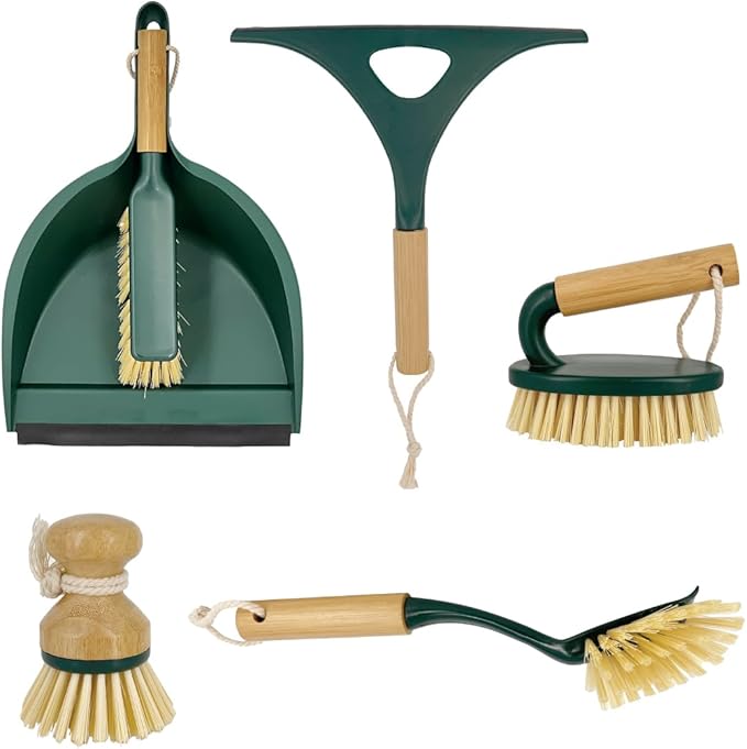 Pine-Sol Scrub Brush Cleaning Tool Set - Heavy Duty Brushes with Bamboo Handles, Dustpan, Shower Squeegee - Dishwashing, Kitchen, and Bathroom Cleaning Supplies, 6 Pieces by Pine-Sol