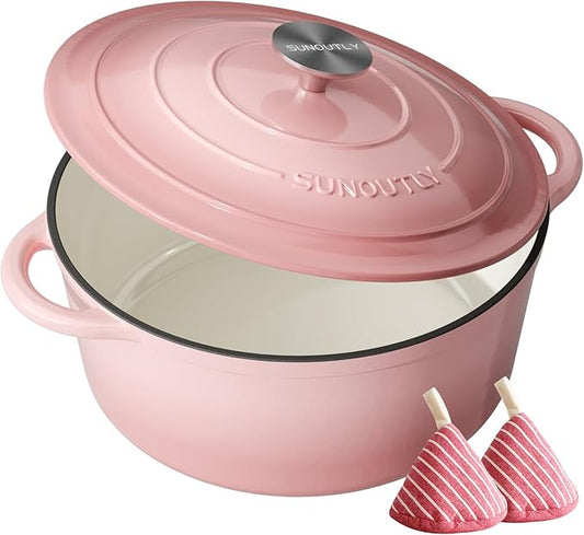 Enameled Cast Iron Dutch Oven - 4.5QT Dutch Oven Pot with Lid & Cotton Potholders - Heavy-Duty Non Stick Casserole Pot for Braising, Stews, Roasting, Baking, Suitable for All Stovetops, Gentle Pink by SUNOUTLY