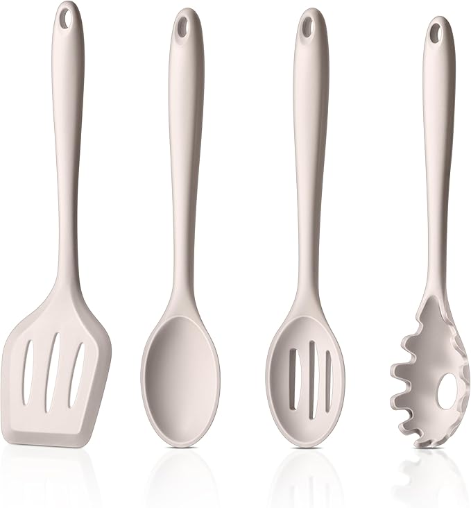 LIANYU 4Pcs Kitchen Utensils Set, Food-Grade Silicone Cooking Utensils, Farmhouse Kitchen Tools for Nonstick Cookware, Include Spoon, Turner, Pasta Server, Heat Resistant, Dishwasher Safe, Khaki by LIANYU
