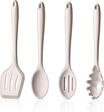 LIANYU 4Pcs Kitchen Utensils Set, Food-Grade Silicone Cooking Utensils, Farmhouse Kitchen Tools for Nonstick Cookware, Include Spoon, Turner, Pasta Server, Heat Resistant, Dishwasher Safe, Khaki by LIANYU