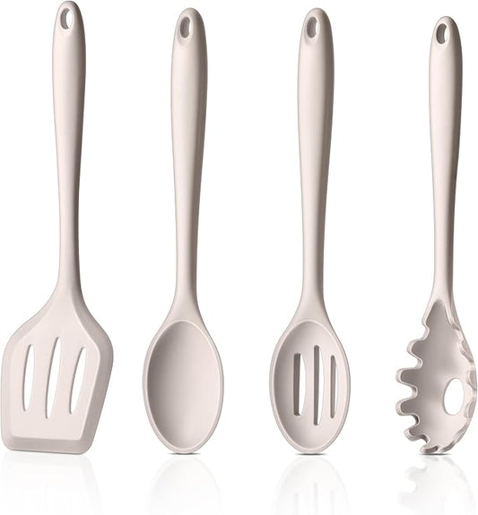 LIANYU 4Pcs Kitchen Utensils Set, Food-Grade Silicone Cooking Utensils, Farmhouse Kitchen Tools for Nonstick Cookware, Include Spoon, Turner, Pasta Server, Heat Resistant, Dishwasher Safe, Khaki by LIANYU