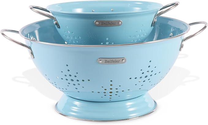 Metal Colander 2 Pack, Strainer Bowel with Handles 2Qt & 6Qt Powder Coated Solid Ring Base Heavey Duty Kitchen Drainer Basket for Pasta Veggies and Fruits,New Home Apartment Essentials (ArcticBlue) by Unknown