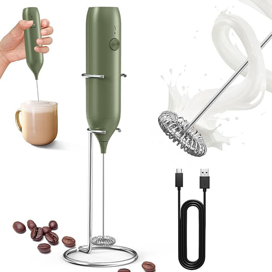 CIRCLE JOY Rechargeable Milk Frother Handheld with Stand, Coffee Frother Wand Drink Mixer with Dual Spring Whisk for Coffee, Cappuccino, Lattes, Frappe, Matcha and Hot Chocolate, Green by CIRCLEJOY