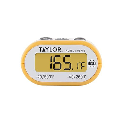Taylor Compact Waterproof Digital Food Thermometer, 4.5 Inch Stem Length with an FDA Recommended 1.5mm Stepdown Probe Diameter and Amber Backlit LCD, HOLD, Min/Max; NSF, Yellow