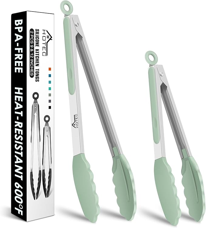 Hotec Premium Stainless Steel Locking Kitchen Tongs with Silicon Tips, Set of 2-9" and 12" Light Green by Hotec
