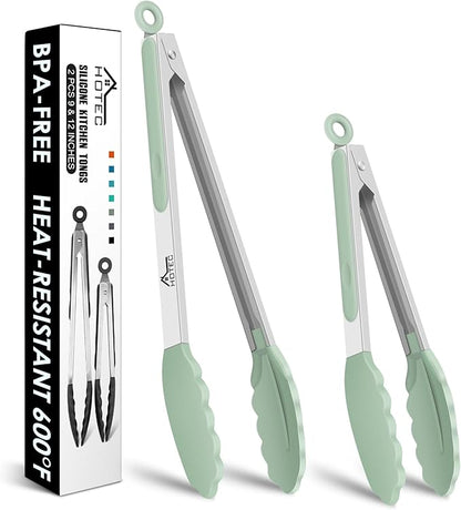 Hotec Premium Stainless Steel Locking Kitchen Tongs with Silicon Tips, Set of 2-9" and 12" Light Green by Hotec