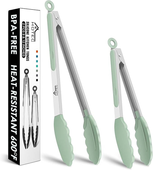Hotec Premium Stainless Steel Locking Kitchen Tongs with Silicon Tips, Set of 2-9" and 12" Light Green by Hotec