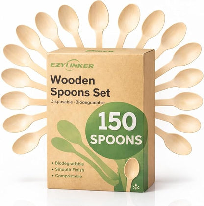 150Pack Compostable Spoons - Alternative to Plastic Spoon & Bamboo Spoons, Eco Friendly, Biodegradable, Compostable Tableware Set - 100% Disposable Flatware for Lounge Party Wedding BBQ Picnic Camping by EZYLINKER