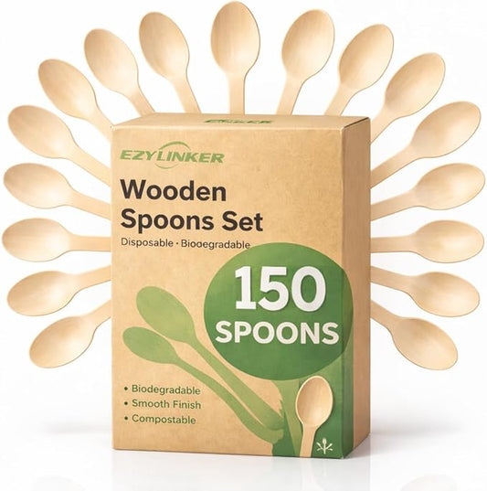 150Pack Compostable Spoons - Alternative to Plastic Spoon & Bamboo Spoons, Eco Friendly, Biodegradable, Compostable Tableware Set - 100% Disposable Flatware for Lounge Party Wedding BBQ Picnic Camping by EZYLINKER