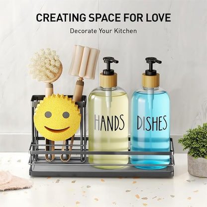Moforoco Kitchen Dish Soap Dispenser Set, 16OZ Glass Bottle, Hand and Dish Soap Dispenser Set, Instant Dry Tray, Brush Holder with Smiley Face Sponge Holder (Black Tray+Clear Bottle) - Image 6